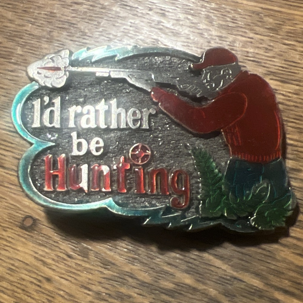VTG Great American Buckle Co Id Rather Be Hunting Enamel Belt Buckle H529 1978